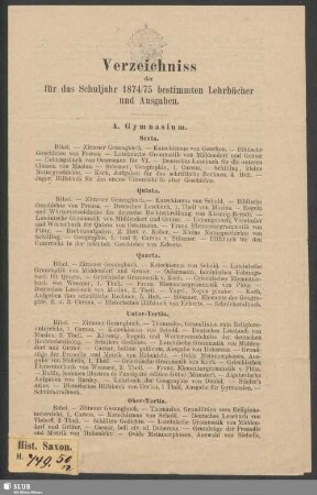1874/75[1874]: Verzeichniss der für das Schuljahr ... bestimmten Lehrbücher und Ausgaben