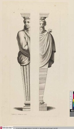 [Die Hälfte der Figur einer Frau mit einer Girlande um den Hals und die Hälfte der Figur eines bärtigen Mannes; Deux moitiés des termes]