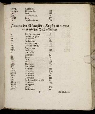 Namen der Römischen Keyser in Germania, so in diesem Buch beschrieben