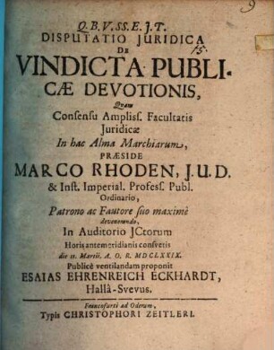 Disputatio Juridica De Vindicta Publicæ Devotionis