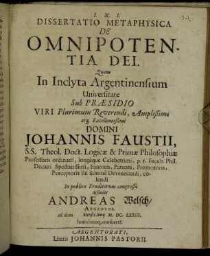 Dissertatio Metaphysica De Omnipotentia Dei