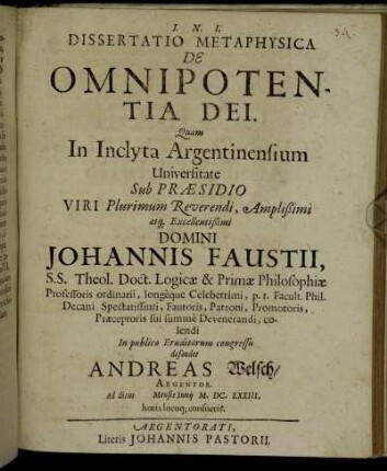 Dissertatio Metaphysica De Omnipotentia Dei