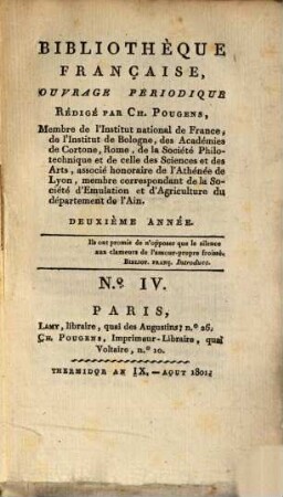 Bibliothèque française : ouvrage périodique. 2. 1801, 4 = Aug.