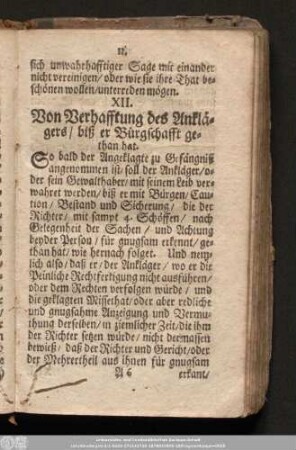 XII. Von Verhafftung des Anklägers/ biß er Bürgschafft gethan hat.