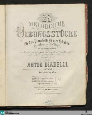 28 Melodische Uebungsstücke für das Pianoforte zu vier Händen : im Umfang von 5 Noten bei stillstehender Hand um allen Fingern beider Hände gleiche Kraft und Unabhängigkeit zu verschaffen; 149tes Werk