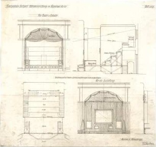 Fischer, Theodor; Stuttgart; Kunstausstellungsgebäude - Bühneneinrichtung im Kuppel - Saal (Grundriss, Ansichten, Schnitte)