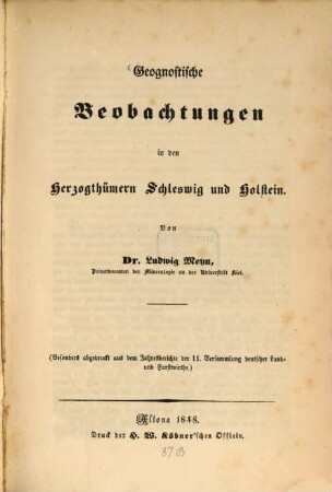 Geognostische Beobachtungen in den Herzogthümern Schleswig und Holstein