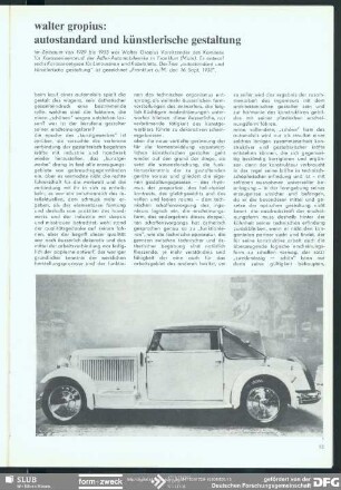 walter gropius: autostandard und künstlerische gestaltung : Bauhaus 1919-1933
