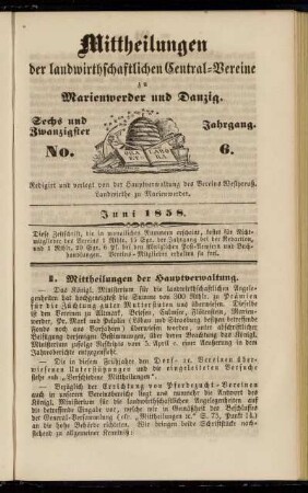 Sechs und Zwanzigster Jahrgang. No. 6. Juni 1858.