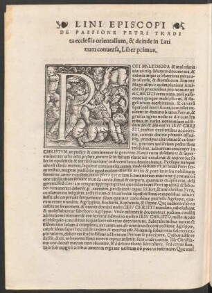 Lini Episcopi De Passione Petri Tradita ecclesiis orientalium, & deinde in Latinum conversa, Liber primus.