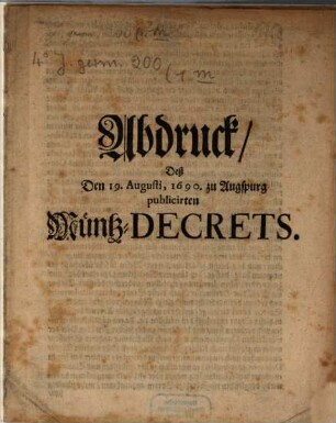 Abdruck Deß, Den 19. Augusti 1690 zu Augspurg publicirten Müntz-Decrets