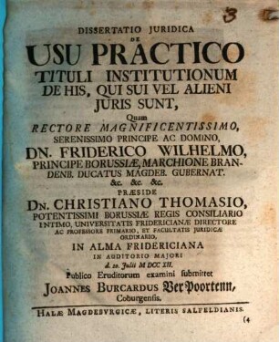 Diss. iur. de usu practico tituli Institutionum de his, qui sui vel alieni iuris sunt