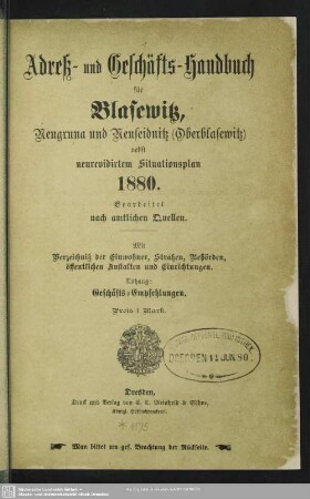 2.1880: Adreß- und Geschäfts-Handbuch für Blasewitz mit Neugruna und Neuseidnitz