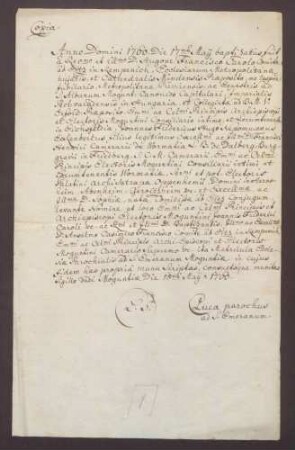 Taufzeugnis Johann Friedrich Hugo von Dalbergs.