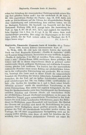 247-248 [Rezension] Rapisarda, Emanuele, Clemente fonte di Arnobio