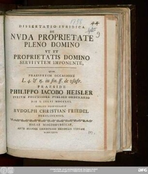 Dissertatio Ivridica De Nvda Proprietate Pleno Domino Vt Et Proprietatis Domino Servitvtem Imponente
