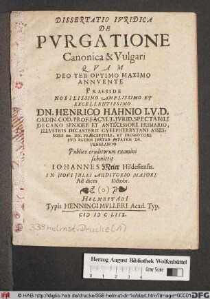Dissertatio Iuridica De Purgatione Canonica & Vulgari