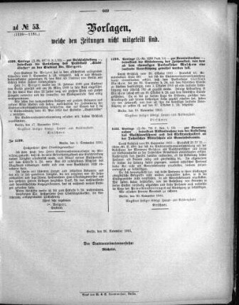 Anlage: ad No. 53 (1129-1131), Vorlagen, welche den Zeitungen nicht mitgeteilt sind