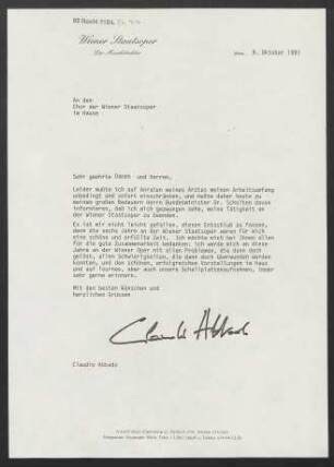 Brief an Wiener Staatsoper. Chor, 09.10.1991