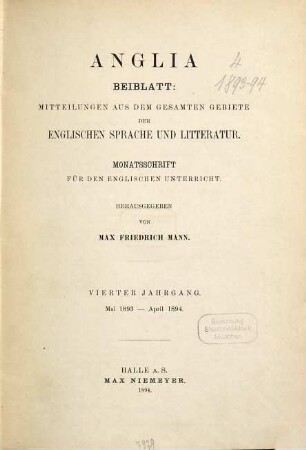 Mitteilungen aus dem gesammten Gebiete der englischen Sprache und Litteratur : Monatsschr. für d. engl. Unterricht, 4. 1893/94