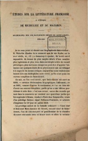 Etudes sur la littérature française à l'époque de Richelieu et de Mazarin : Recherches sur les manuscrits inédits de Saint- Amant 1594 - 1661