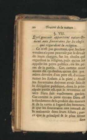 § VII. Quel pouvoir appartient naturellement aux souverains sur les choses qui regardent la religion.