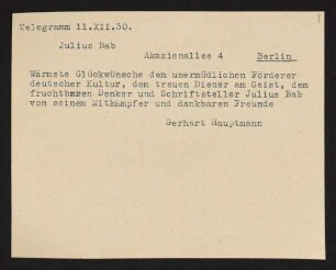 Brief von Gerhart Hauptmann an Julius Bab