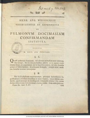 Henr. Avg. Wrisbergii Observationes Et Experimenta Ad Pvlmonvm Docimasiam Confirmandam Institvta