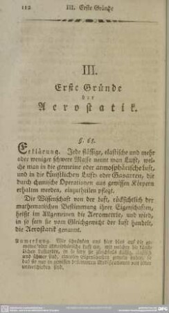 III. Erste Gründe der Aerostatik