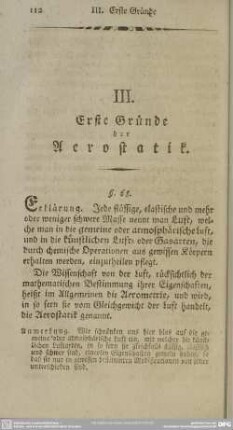 III. Erste Gründe der Aerostatik