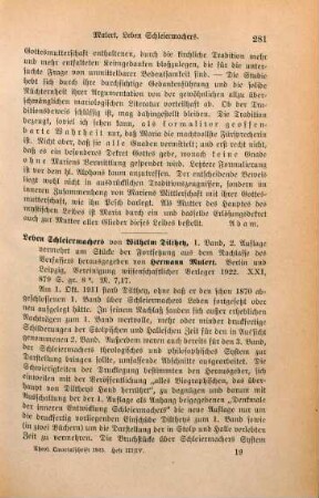 281-282 [Rezension] Dilthey, Wilhelm, Leben Schleiermachers; 1. Band, 2. Aufl.