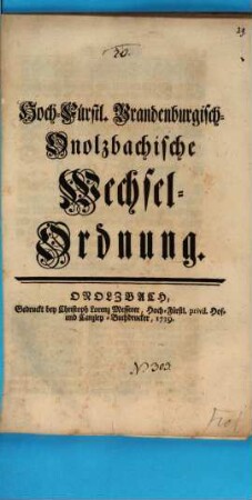 Hoch-Fürstl. Brandenburgisch-Onolzbachische Wechsel-Ordnung