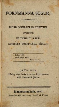 Fornmanna soegur : eptir goemlum handritum, 3. 1827