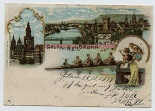 Mehrbildkarte, 4 Motive: Heilbronn aus der Vogelperspektive [Gesamtansicht mit Neckar], Kilianskirche, Vierer-Ruderboot mit Steuermann, zwei Damen