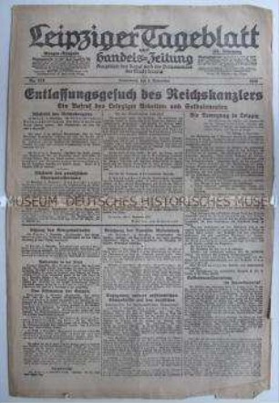 Lokale Tageszeitung "Leipziger Tageblatt" zum Rücktritt des Reichskanzlers und zu den revolutionären Ereignissen in Leipzig