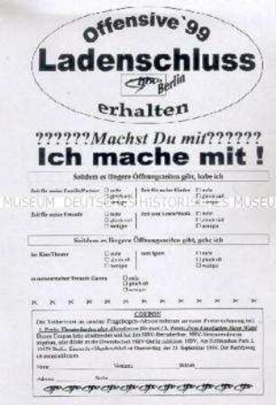 Vordruck eines Fragebogens der Gewerkschaft Handel, Banken und Versicherungen zur geplanten Änderung des Ladenschlussgesetzes (blanko)