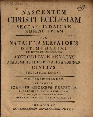 Nascentem Christi ecclesiam sectae Ivdaicae nomine tvtam : cvm natalitia servatoris ...