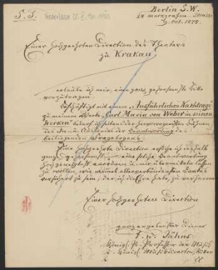 Brief an Theater Krakau : 09.10.1878