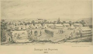 Militärlager bei Degerloch mit Grossraumzelten und exerzierenden Soldaten, 1884, bezogen während einer Typhusepidemie in der Kaserne Cannstatt