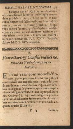 X. Prorectoris & Consilii publici nomine ad Studiosam juventutem.