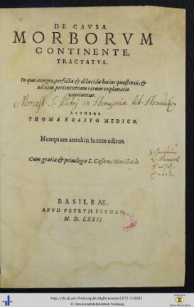 P. 3: De causa morborum continente, tractatus in quo integra, perfecta & dilucida huius questionis, & ad eam pertinentium rerum explanatio continetur : nunquam antea in lucem editus: Dispvtationvm De Medicina Nova Philippi Paracelsi