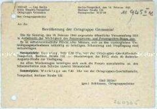 Rundschreiben der NSDAP an die Bevölkerung Berlins, Ortsgruppe Germania, zur Beteiligung am Bau von Panzersperren und Panzergräben
