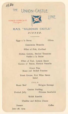 Menükarte : Dinner, R.M.S. "Kildonan Castle"