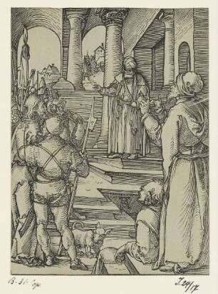 Christus vor Pilatus, aus: Carl August Deis, "Albrecht Dürers Kleine Passion getreu in Holz nachgeschnitten", Eichstätt 1868