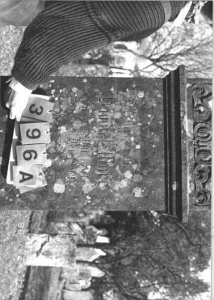 Grabstein 396 (Index: 99786160) Zustand: Inschrifttafel fehlt, Rückseite: Flechten Maße HxBxT: 173x60x27 cm Symbolik: Mohnkapsel?: Grabstein 396A