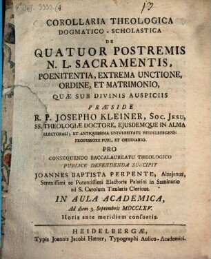Corollaria theol. de quatuor postremis N. L. Sacramentis, poenitentia ...