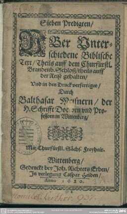 Sieben Predigten, uber unterschiedene biblische Text ...