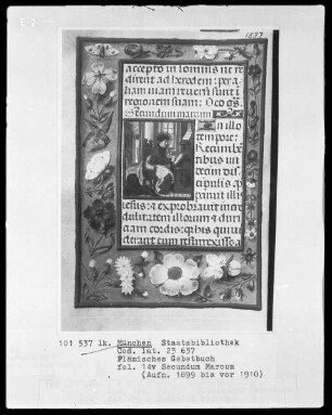 Flämisches Gebetbuch mit Kalender — Der Evangelist Markus beim Schreiben, Folio 14verso