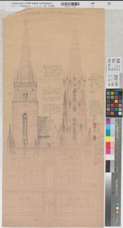 Soest (Soest) Wiesenkirche Westansicht mit skizzenhaften Nachträgen (1928) 1931 1 : 100 82 x 38 Pause mit Einzeichnung Staatshochbauamt Soest