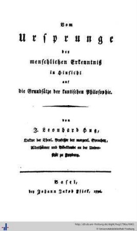 Vom Ursprunge der menschlichen Erkenntniß in Hinsicht auf die Grundsätze der kantischen Philosophie